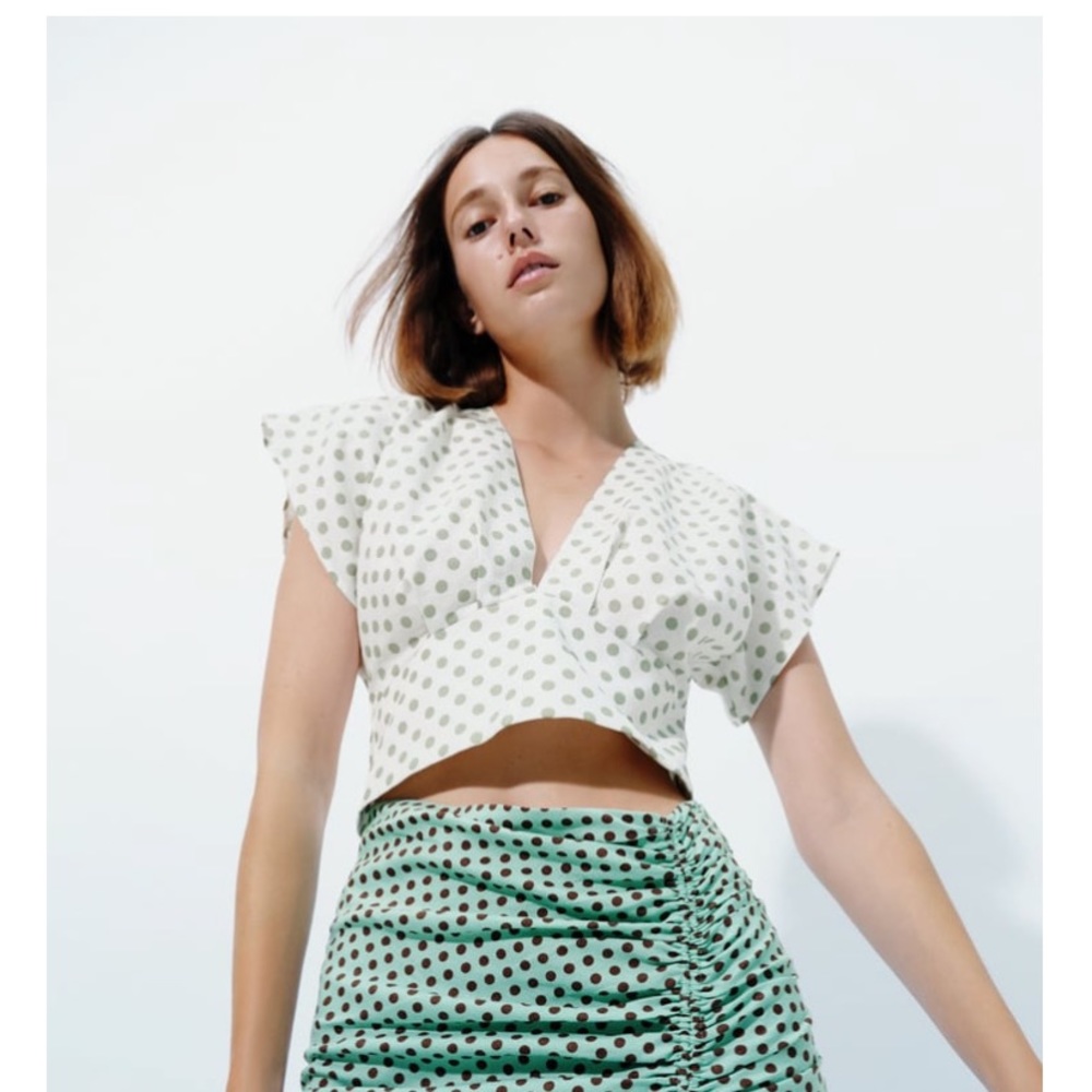 Zara Ecru Tie-back Polka Dot Cropped Top M